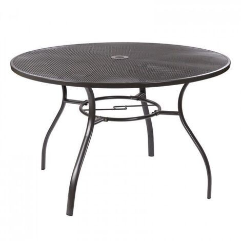 Dema – Table de jardin ronde en métal maillé Ø 120 cm – Ouverture pour parasol 45 mm – Hauteur 73 cm – Couleur anthracite – Entretien facile