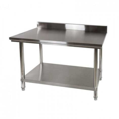 Dema – Table de travail inox 120 x 60 cm – Dosseret 10 cm – Acier inoxydable AISI 201 – Charge 120 kg – Hauteur 86-87,5 cm