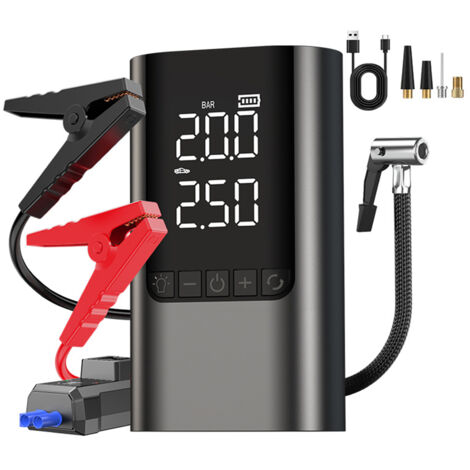 Démarreur de secours pour voiture avec pompe à air, kit de démarrage d'urgence 12 V, batterie externe portable de 10 000 mAh avec lampe LED, pinces intelligentes, sac en EVA
