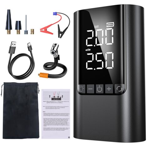 Démarreur de secours pour voiture avec pompe à air, kit de démarrage d'urgence 12 V, gonfleur numérique pour voitures, motos, vélos et ballons, batterie externe portable de 6 000 mAh avec lampe LED