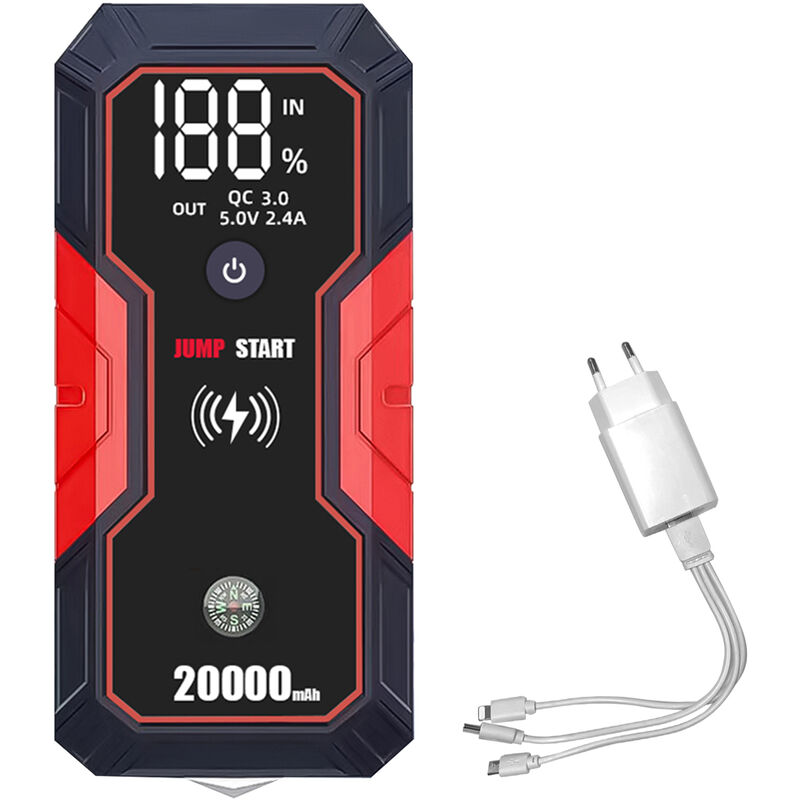 Démarreur de voiture portable 20 000 mAh 12 v (jusqu'à 5,0 l d'essence, moteurs diesel 3,5 l), charge rapide usb, sans fil rapide et lampe de poche,