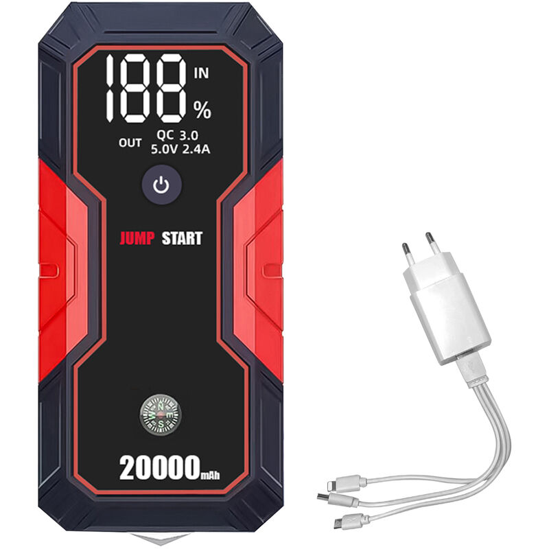 Démarreur de voiture portable 20 000 mAh 12 v (jusqu'à 5,0 l d'essence, moteurs diesel 3,5 l), charge rapide usb, sans fil rapide et lampe de poche,