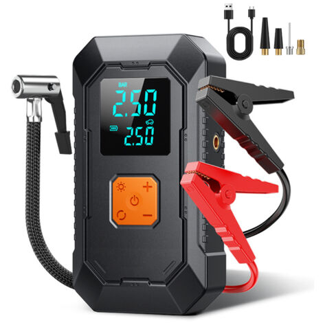 Démarreur portable pour voiture avec pompe à air, 12 V, gonfleur de pneus 150 PSI pour voitures et vélos, avec lampe LED, pince intelligente 10 000 mAh + sac de rangement en EVA