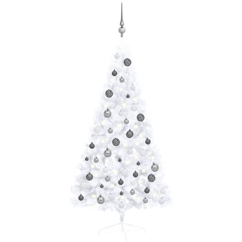 Demi-arbre de Noël artificiel avec LED et boules Blanc 150 cm