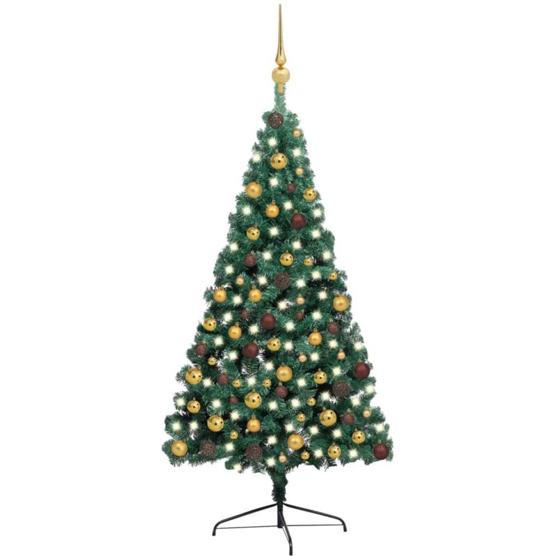 Demi-arbre de Noël artificiel avec led et boules Vert 210 cm