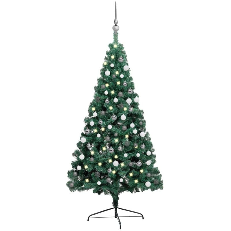 Demi-arbre de Noël artificiel avec led et boules Vert 120 cm