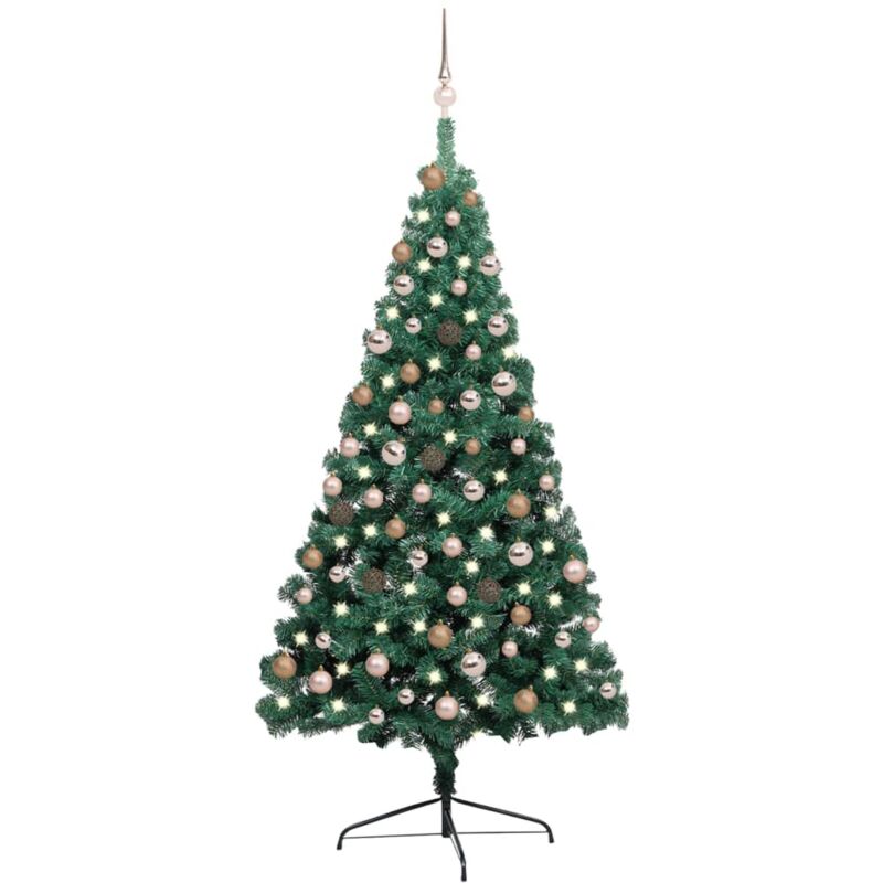 Demi-arbre de Noël artificiel avec led et boules Vert 180 cm
