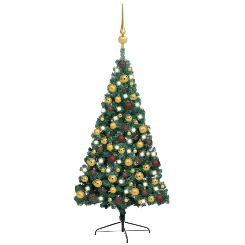 Demi-arbre de Noël artificiel avec led et boules Vert 150 cm