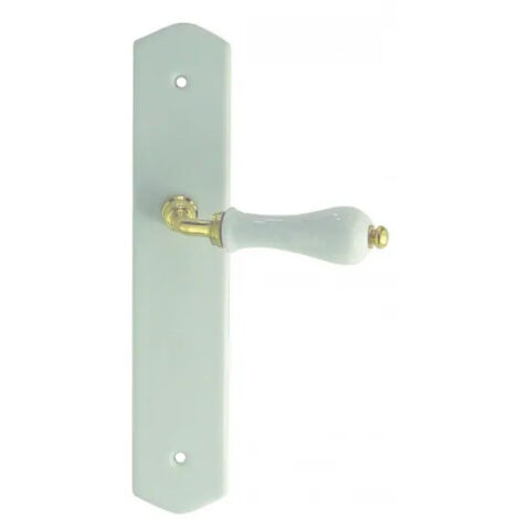 Demi ensemble sur plaque poire en porcelaine blanche et laiton poli – Entraxe 195 mm – Dimensions plaque 225 x 50 mm – Poignée 110 mm – Dt 2000
