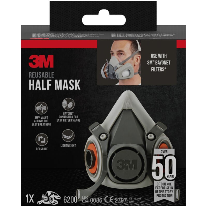 Demi masque de protection 3M 6200 réutilisable, confortable, ajustable - peinture et industrie