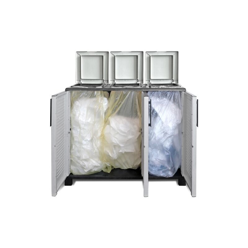 Poubelle a' 3 portes en re'sine antichoc 102x37x90h cm pour la collecte se'pare'e porte-sac refermable avec couvercle et ouverture frontale