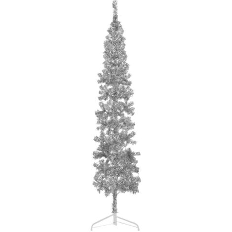Demi sapin de Noël artificiel mince avec support Argenté-Décoration de Fête pour Noël 210 cm 107651