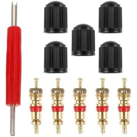Demonte Obus Extracteur Valve 2 Côtés 1 Clé 5 Capuchons Embouts Réparation Pneu Voiture Rouge -