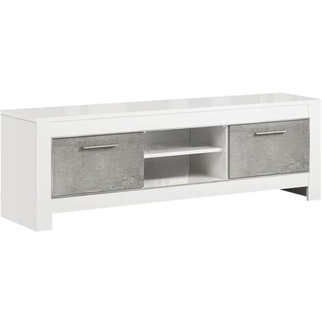 DENAE - Meuble TV 2 Portes L160cm Laqué Blanc Brillant et Gris Marbré