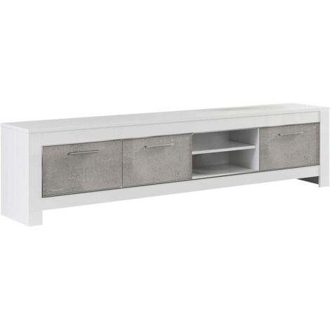 DENAE - Meuble TV 3 Portes L207cm Laqué Blanc Brillant et Gris Marbré