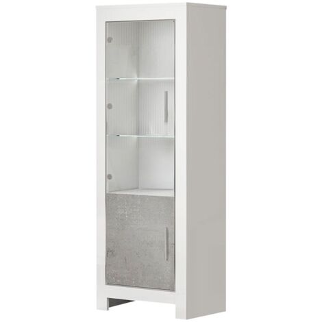 DENAE - Vitrine Gauche Laquée Blanc Brillant et Gris Marbré avec Leds