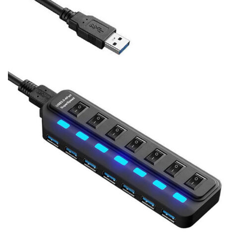DENUOTOP 7 Port Powered USB 3.0 Hub Data Hub with Individual Switches USB Splitter with Individual Switches and Power Adapter Compatible with Windows/Mac/Linux