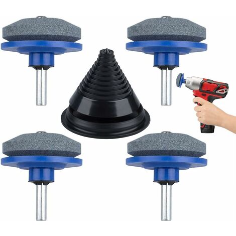 DENUOTOP Affûteurs pour haches et couteaux Lot de 4 aiguiseurs de lame pour tondeuse à gazon universels pour perceuse à main avec 1 affûteur d'équilibrage pour jardin, cour, cuisine Bleu