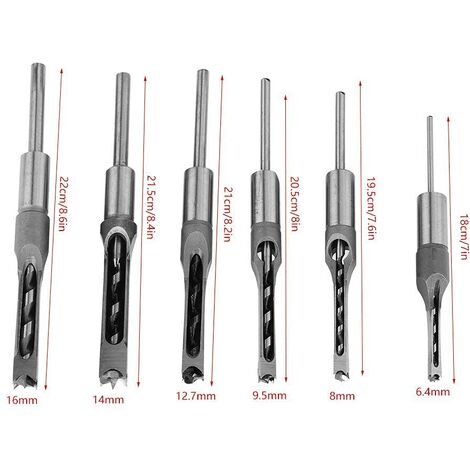 DENUOTOP Lot de 6 Forets à Trou Carré, Bédanes Creux en Acier Outils de Menuiserie Set pour Scie Cloche Carrée Forets à Bois Trou Carré Foret Trou de Perçage Mortaiser Burin, 1/4 5/16 3/8 1/2 9/16 5/8