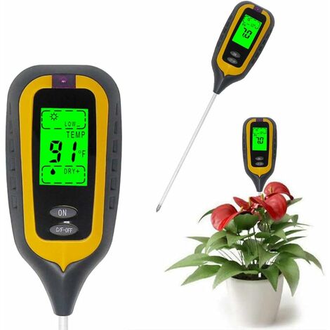 DENUOTOP Testeurs de sol Testeur de Sol pH d'humidité Température Lumineuse 4 en 1 pH Metre de Sol Humidité Testeur Terre Electronique pour Jardin Plantes Jaune