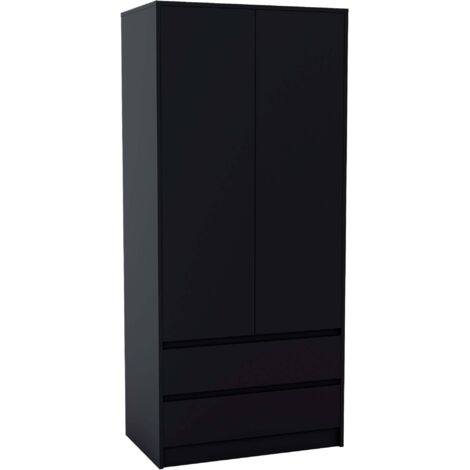 Denver 2 Door Wardrobe With 2 Drawers and Hanging Rail Bedroom Furniture, Black