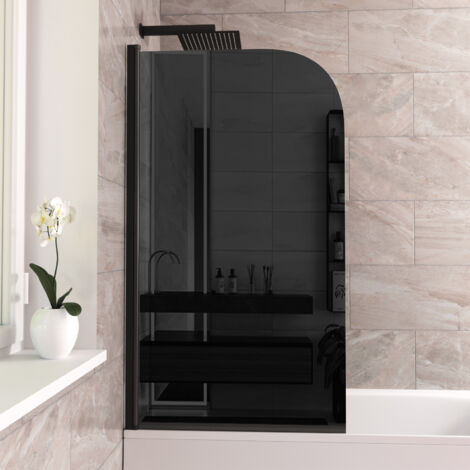 Denver 800 Curved Bath Screen Matt Black Profile with Glass Reversible