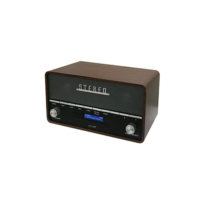Radio digitale Dab+ e fm. Denver DAB-36. Bluetooth. Funzione orologio, sveglia e allarme. Ingresso aux. Finitura in legno. Volume: 10W rms