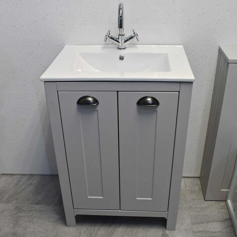 Derby 600mm Bathroom Vanity Unit with Ceramic Basin Sink - Light Grey Oak, No Tap