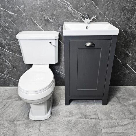 Derby Traditional Dark Grey Vanity Unit + Carlton Toilet Set Cloakroom Suite, Colour Matched Seat-No Tap & Waste-Chrome Flush