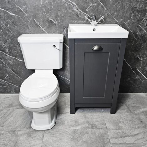 Derby Traditional Dark Grey Vanity Unit + Carlton Toilet Set Cloakroom Suite, White Seat-No Tap & Waste-Chrome Flush