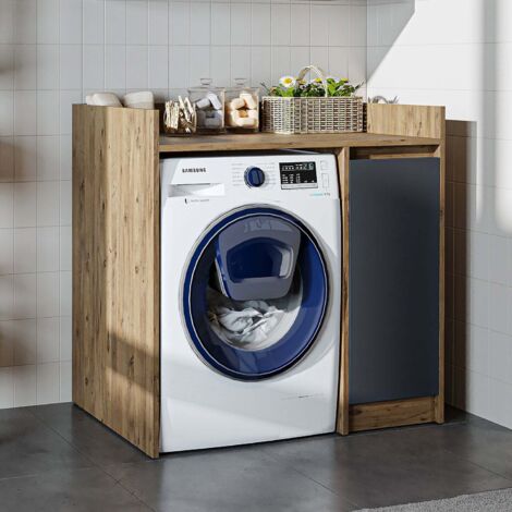 Derin Washing Machine Cabinet with Integrated Side Storage, 100cm - Oak Effect and Anthracite