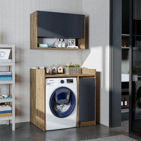 Derin Washing Machine Cabinet with Integrated Side Storage and Wall Unit, 100cm - Oak Effect and Anthracite
