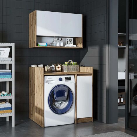 Derin Washing Machine Cabinet with Integrated Side Storage and Wall Unit, 100cm - Oak Effect and White