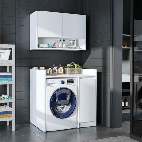 Derin Washing Machine Cabinet with Integrated Side Storage and Wall Unit, 100cm - White