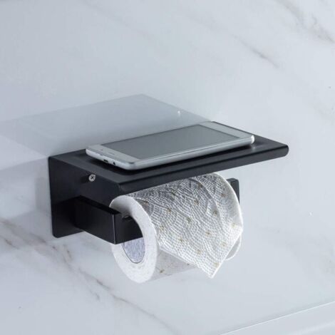 Déroul Papier Toilettes Porte Rouleau Support Papier Toilette avec Tablette En Acier Inox SS304 Noir Fixation Invosible et Solide Accessoirs WC