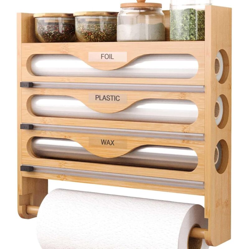 Derouleur Film Alimentaire avec Porte Essuie Tout et Étagère à Épices, Distributeur Papier Aluminium et Film, Support de Rangement Cuisine,