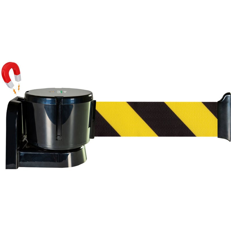 Enrouleur mural magnétique grande longueur avec sangle hachurée jaune/noir 12m x 50mm - 2811040