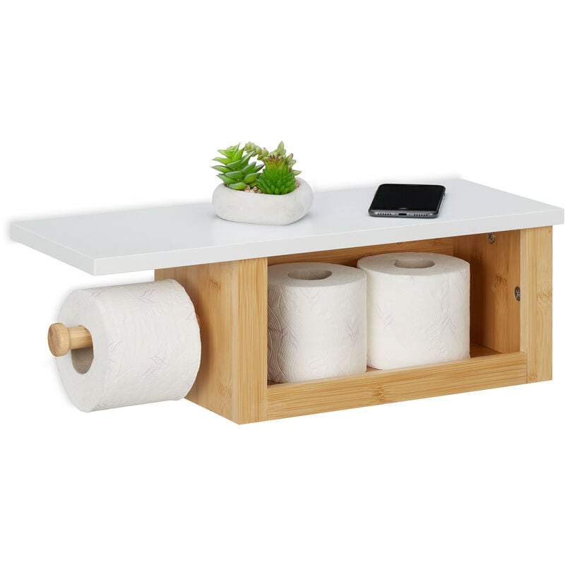 Dérouleur papier toilette avec étagère, support en bambou, compartiment, HxLxP : 17x50x18 cm, nature - blanc - Relaxdays