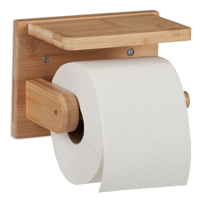 Dérouleur papier toilette avec mini étagère, pour portable & lingettes, en bambou, HxLxP : 12x16x10 cm, nature - Relaxdays