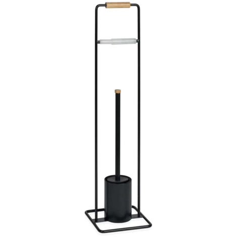 Dérouleur Papier Toilette + Brosse WC Métal Noir et Bois