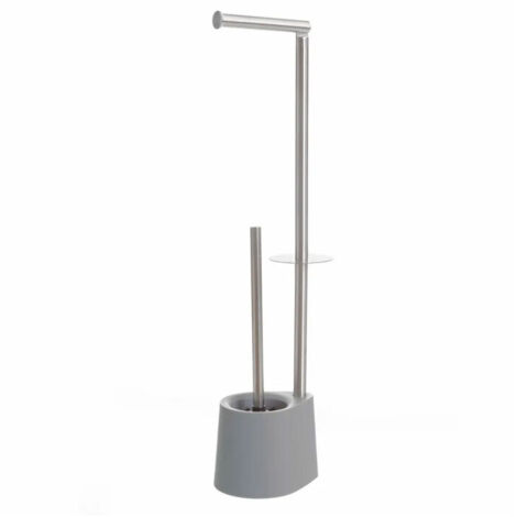 Dérouleur papier toilette, réserve et brosse WC gris et chrome