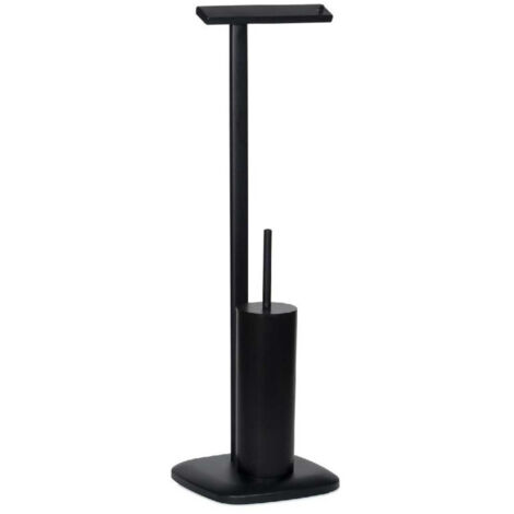 Dérouleur Papier Toilette sur Pied + Brosse WC en Métal Noir Mat