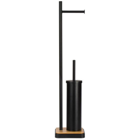 Dérouleur papier toilette sur pied + brosse WC  métal noir et bois