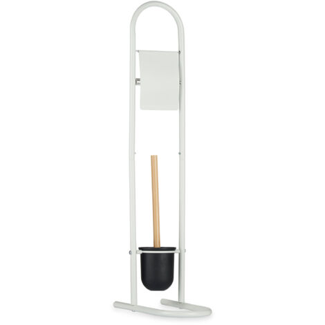 Dérouleur papier WC et brosse en métal blanc et bambou 30x16x78.5cm