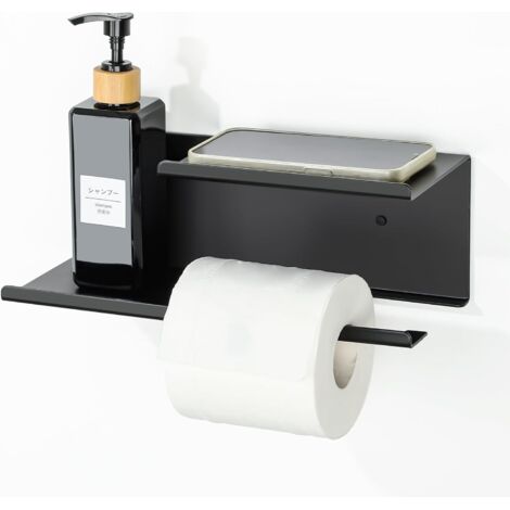 Dérouleur Porte Papier Toilette avec Étagères Spacieuse, Support Porte Papier Toilette Mural avec Tablette sans Perçage en Haute Qualité Aluminium, Montage par Vis/Auto-adhésif, Noir Mat