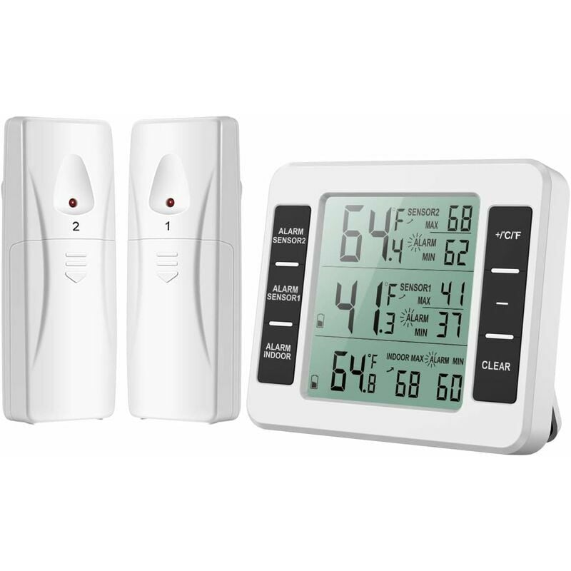 Gabrielle - Thermomètre Frigo, Thermometre Réfrigérateur avec Alarme Congélateur, Thermomètre Intérieur Extérieur Sans Fil avec 2 Capteurs, min/max