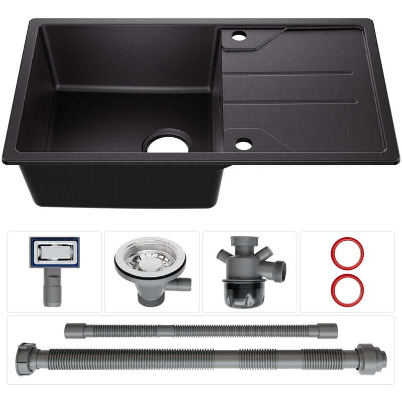 Cecipa Max - derw max Evier à encastrer Quartz et résine, Noir Evier 1 bac, Evier de Cuisine avec étagère (78 x 45 cm)