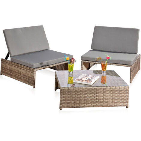 Des sièges + 2 fauteuils + table, salon de jardin, mobilier de jardin, lounge poly-rotin en gris et rotin