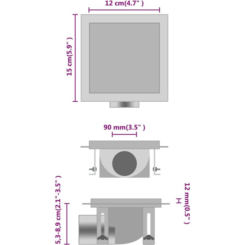 

vidaXL Desagüe de ducha cubierta inserción suelo acero inox. 12x12 cm