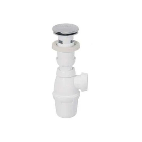 Desagüe de lavabo con rebosadero, válvula de cierre rápido y sifón.